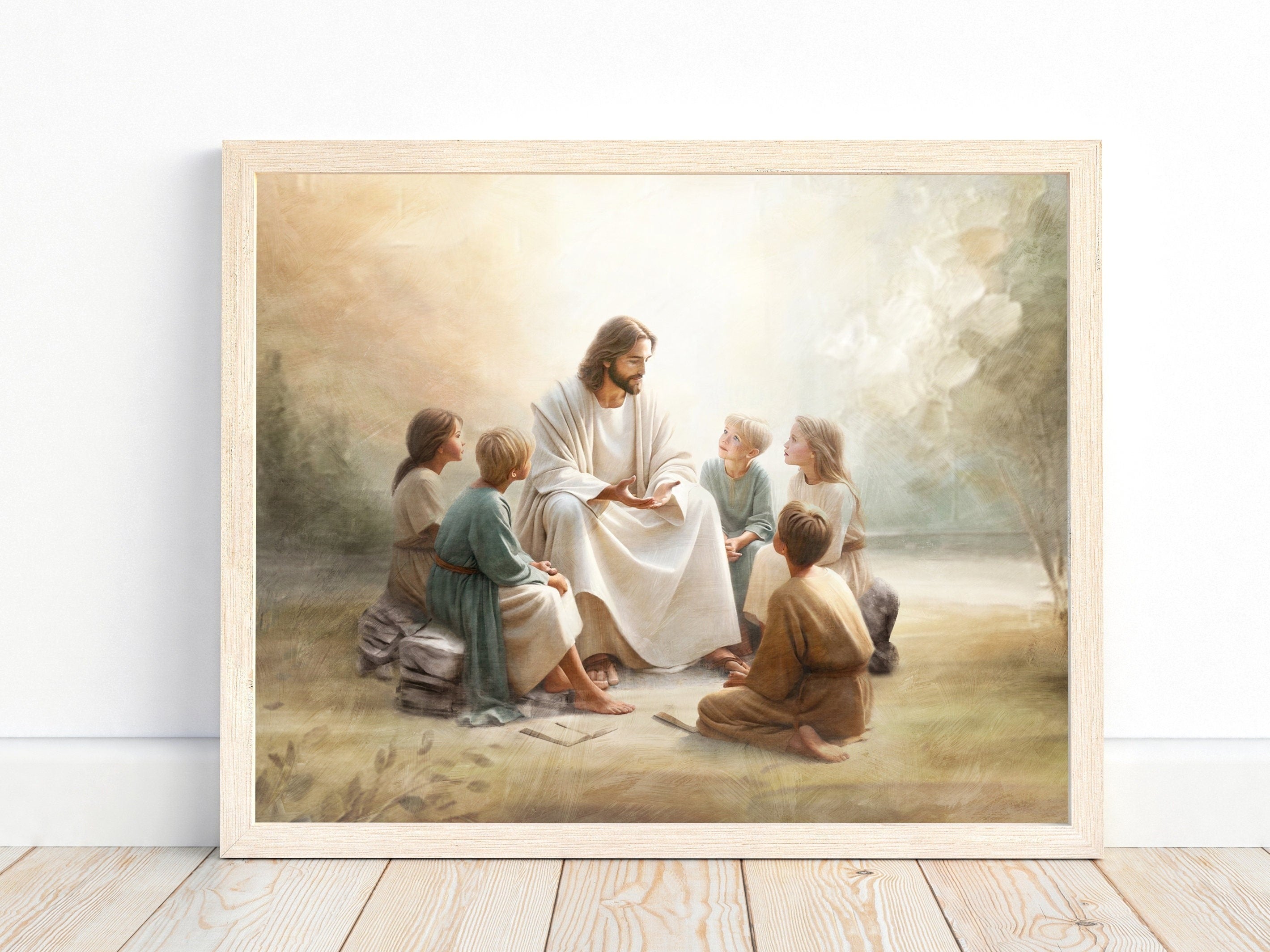 Jesus teaching children Poster, Jesus with children Poster, Christian art, Jesus wall art, Jesus Portrait, Jesus and children